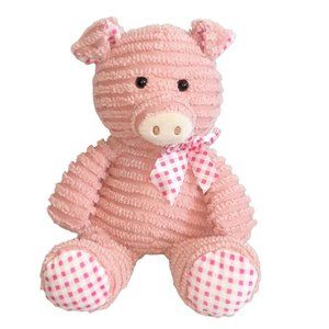 Hugfun Hug Fun Pink Pig Chenille Ribbed Checkered Ribbon Ears Feet Plush Toy 15"